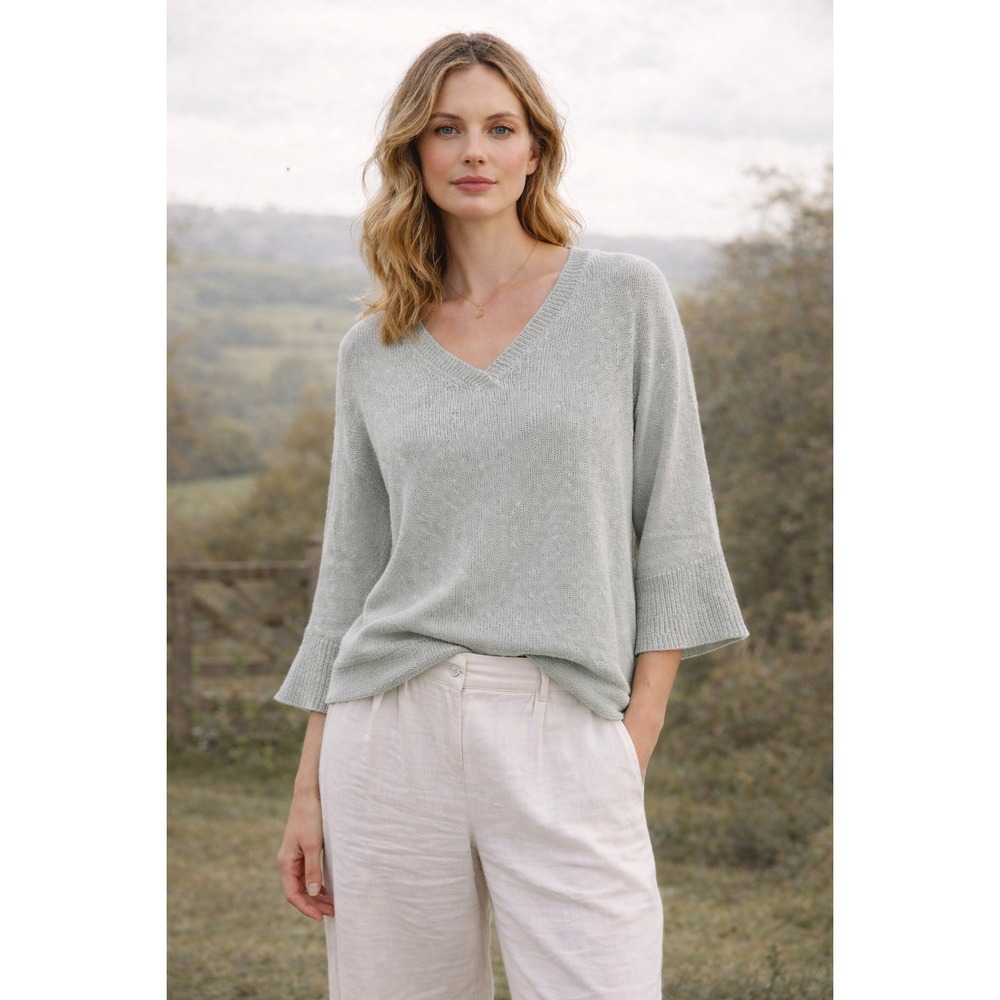 Poetry Women's 100% Linen V-Neck Sweater Sage Green 3/4 Sleeve Knit Top- Size 12